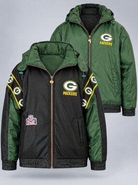 Pro Player Green Bay Packers Mens Large Reversible Jacket VTG Puffer Line Coat